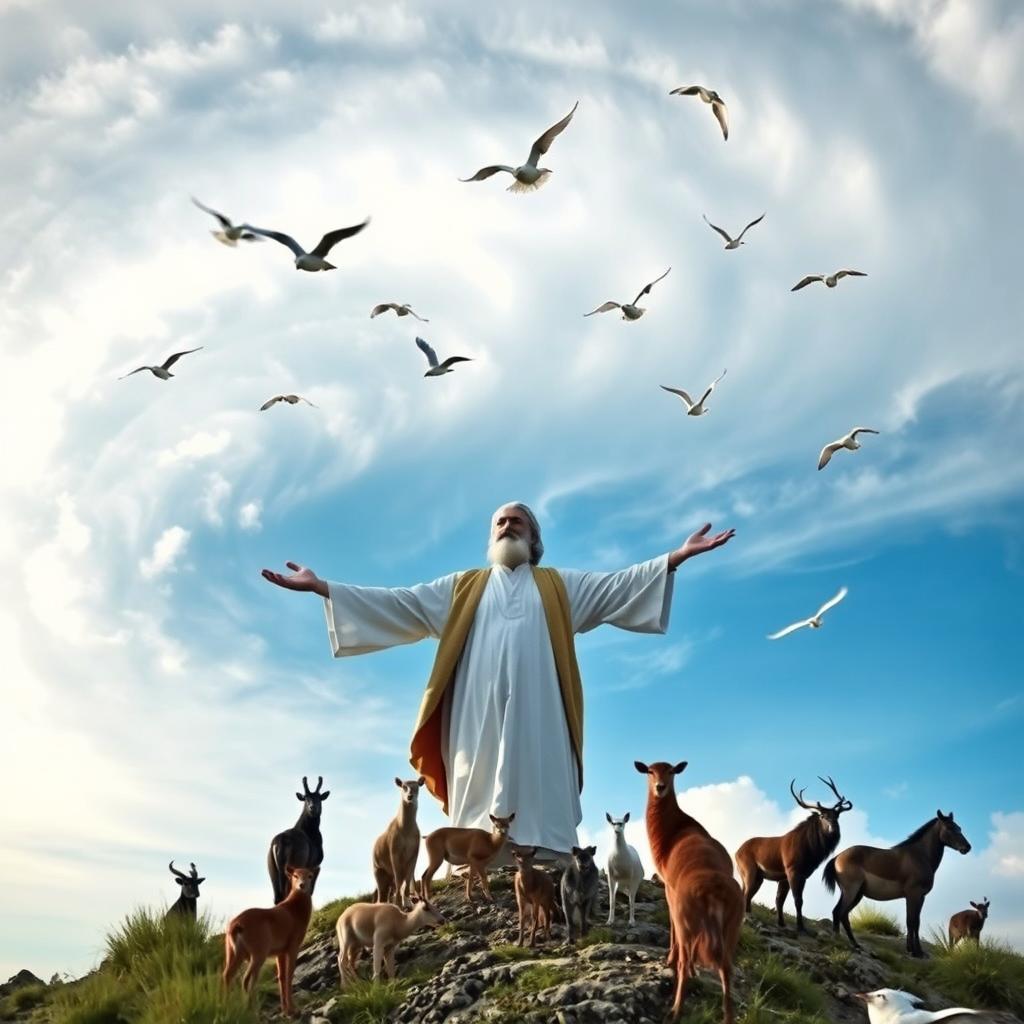 Prophet Suleyman stands majestically on a high mountain with his arms outstretched, commanding the wind