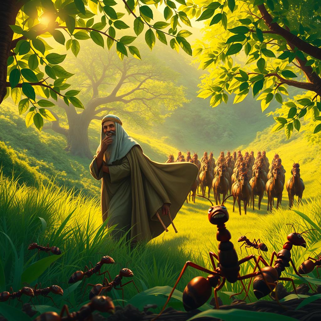 Prophet Suleyman leading his grand army through a lush, green valley, radiating a gentle smile as he pauses to observe a colony of ants in the foreground