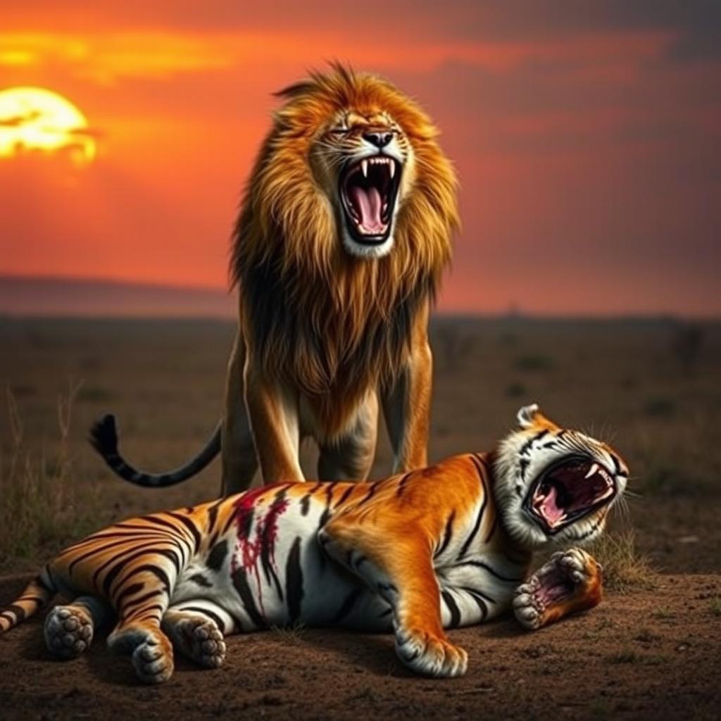 A powerful scene depicting an angry lion standing victorious over a defeated angry tiger
