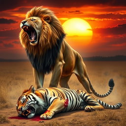A powerful scene depicting an angry lion standing victorious over a defeated angry tiger