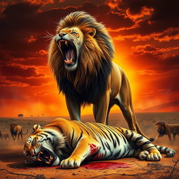 A powerful scene depicting an angry lion standing victorious over a defeated angry tiger