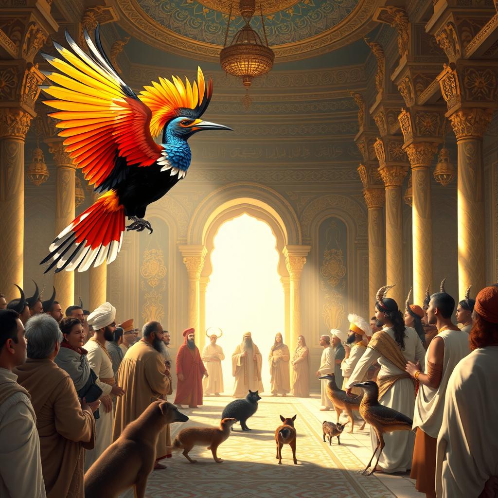 A majestic hoopoe bird with bright, colorful feathers landing before Prophet Suleyman in an opulent palace hall