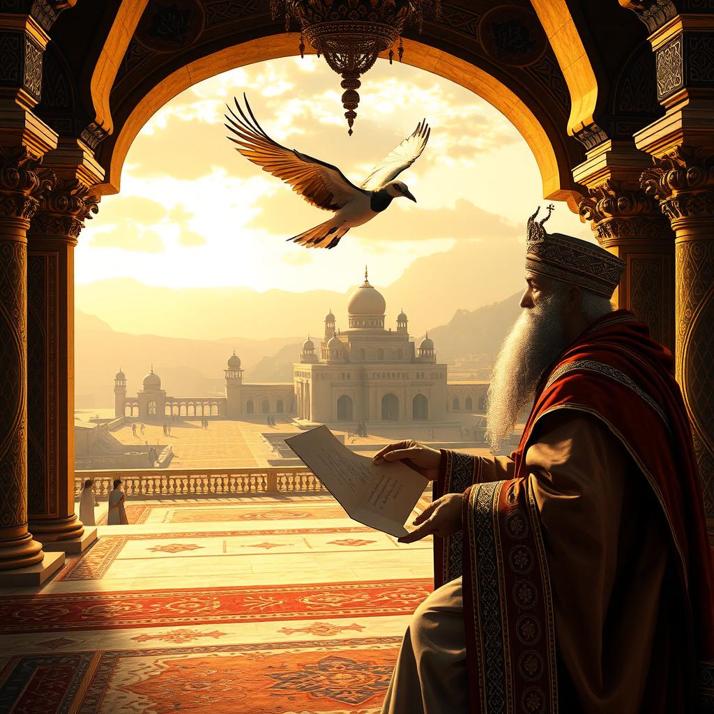 Inside a magnificent palace, Prophet Suleyman is depicted handing a sealed letter to a hoopoe bird, preparing for its flight to deliver the message to the Queen of Sheba