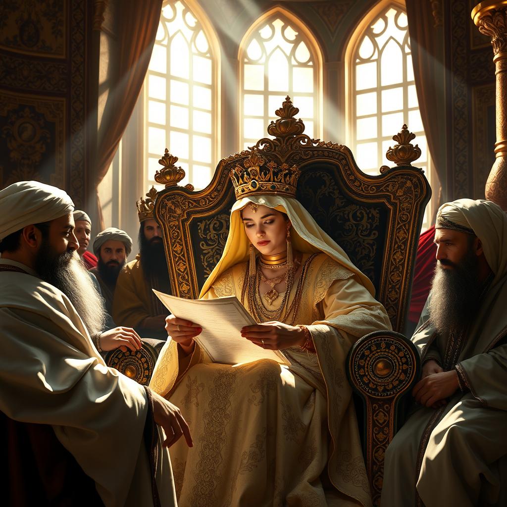 The Queen of Sheba, adorned with an elegant golden crown and exquisite royal attire, sits regally on her ornate throne, engrossed in reading a letter from Prophet Suleyman