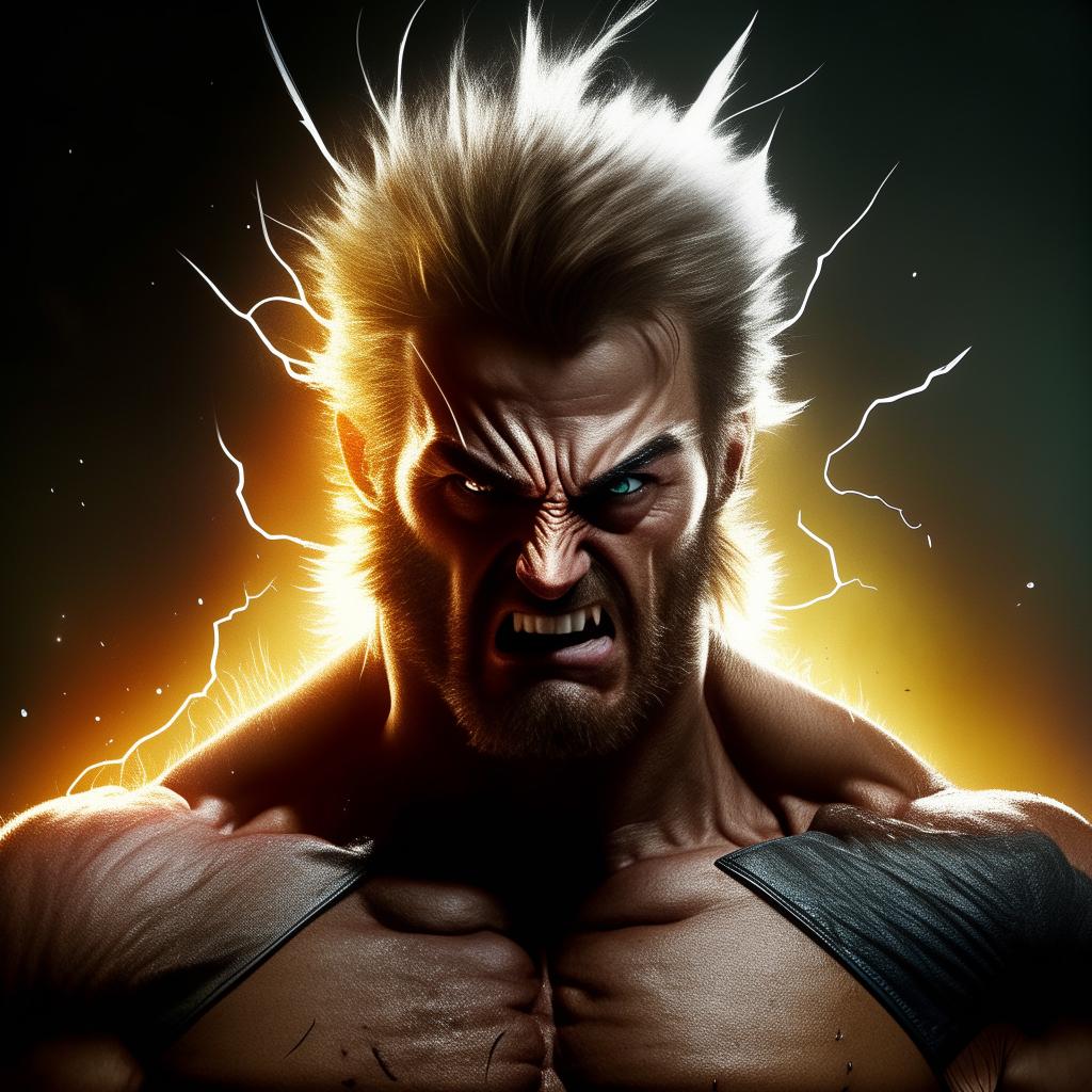 Picture Wolverine from X-Men in a state of extreme anger, with symbolic imagery such as lightning and steam from his head, ensuring it translates metaphorically rather than literally.