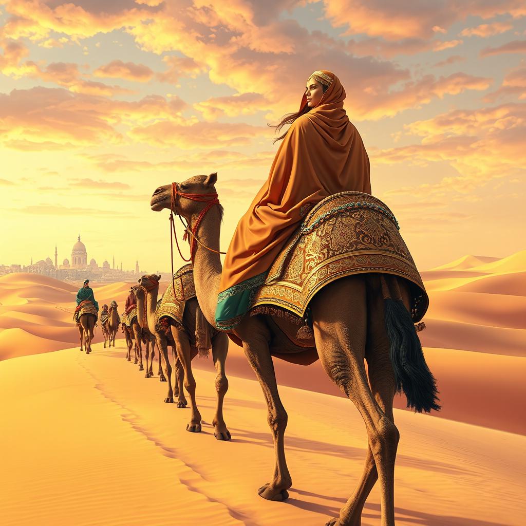 A grand caravan of camels loaded with shimmering gold, fragrant spices, and exquisite gifts traverses the vast desert, making its way toward Prophet Suleyman’s kingdom