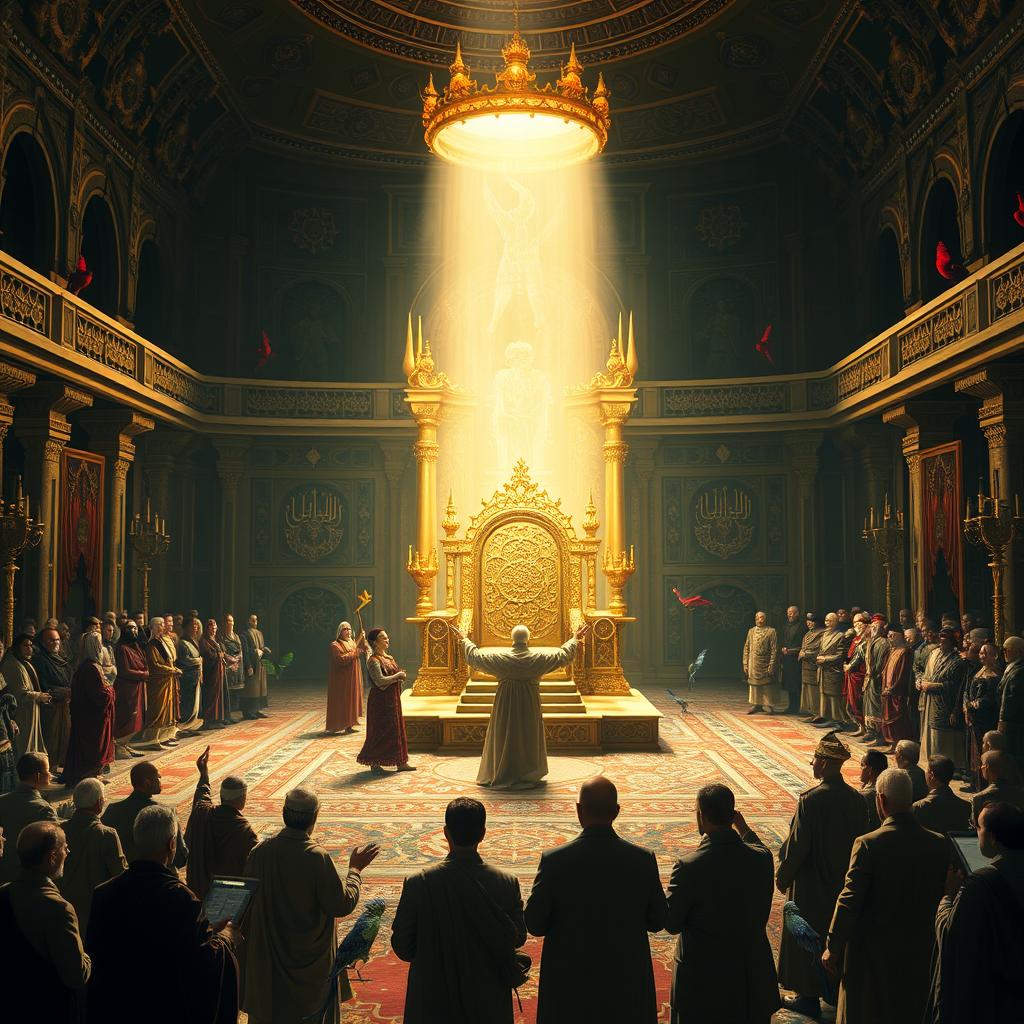 In the grand hall of Suleyman’s palace, a powerful Jinn is depicted magnificently raising his hands, causing the lavish golden throne of the Queen of Sheba to materialize instantaneously before Prophet Suleyman