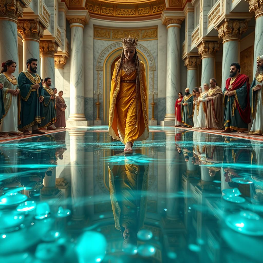 The Queen of Sheba steps cautiously onto what initially appears to be water, delicately lifting her royal garments to avoid getting wet