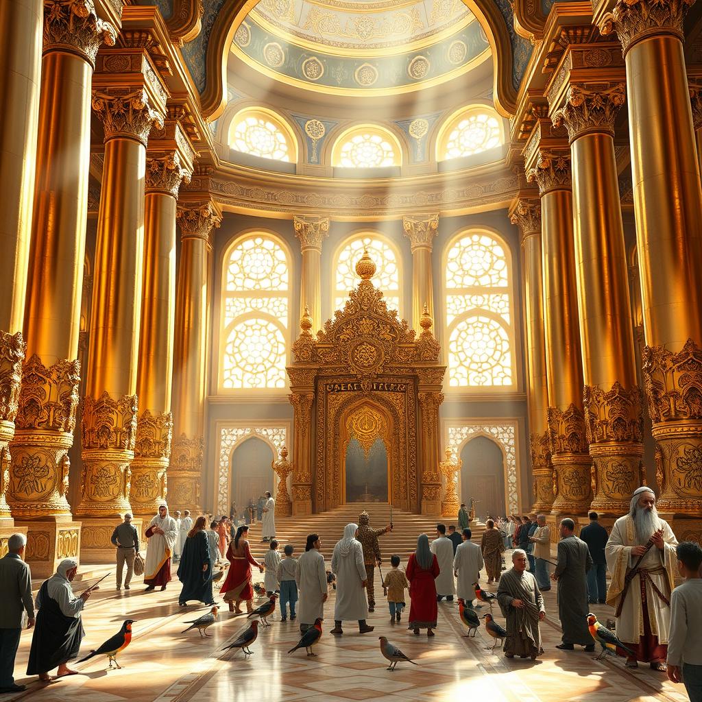A breathtaking palace of Prophet Suleyman is depicted with towering golden pillars, shining marble floors, and a magnificent throne featuring intricate carvings that showcase exquisite artistry