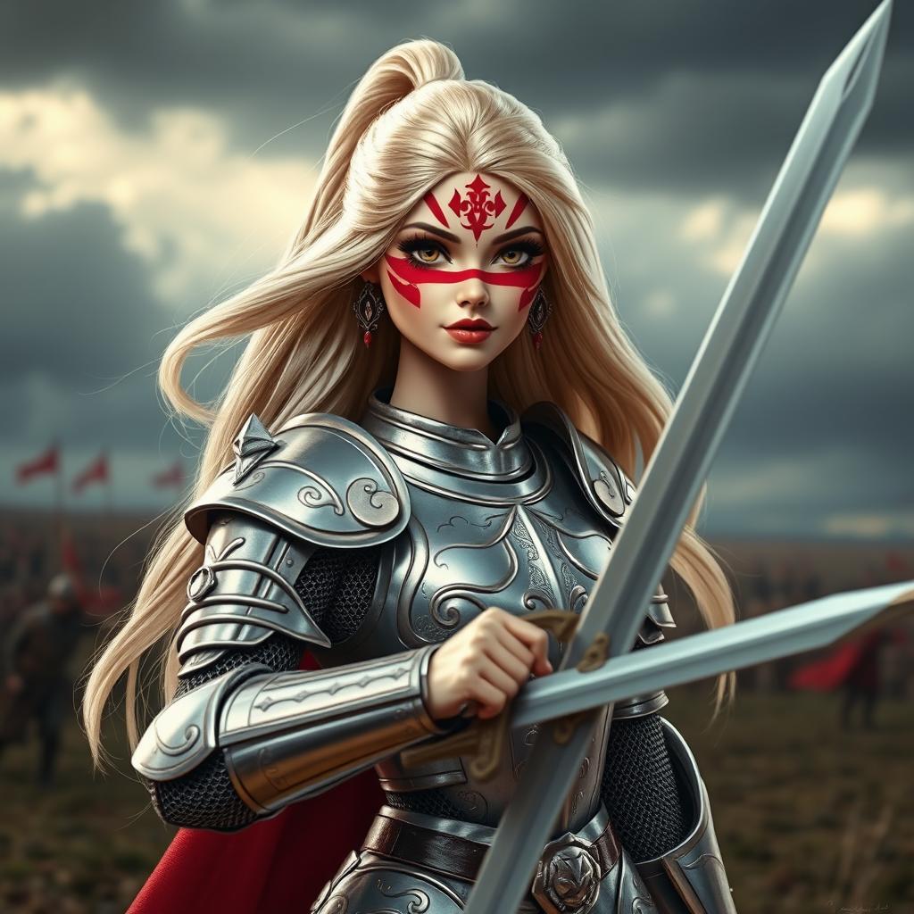 A very feminine girl resembling Barbie, clad in shiny knight armor, ready for battle