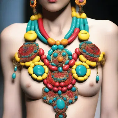 The fashion designer showcased a new collection featuring ampulla-shaped accessories and vibrant colors.