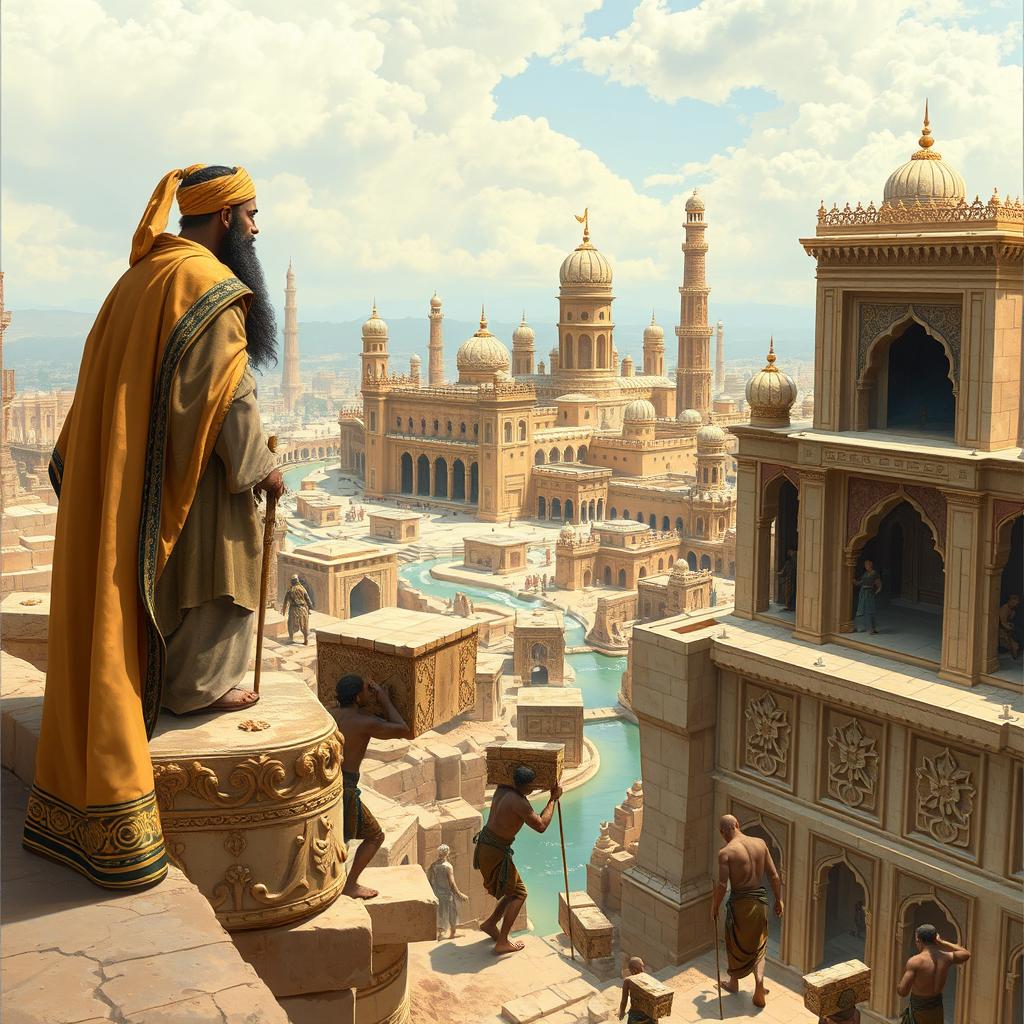 Standing atop his royal balcony, Prophet Suleyman gazes down at the Jinn who are diligently working on the construction of magnificent buildings and digging intricate canals