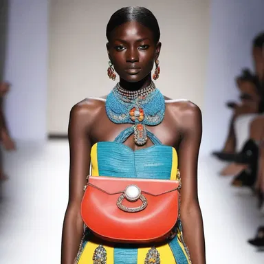 The fashion designer showcased a new collection featuring ampulla-shaped accessories and vibrant colors.