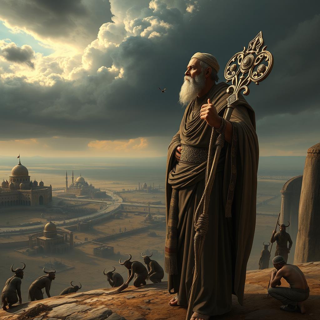 In a solemn and majestic scene, Prophet Suleyman stands tall, leaning on his intricately designed staff, gazing thoughtfully over his vast kingdom