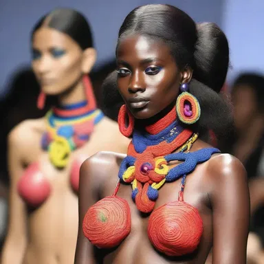 The fashion designer showcased a new collection featuring ampulla-shaped accessories and vibrant colors.