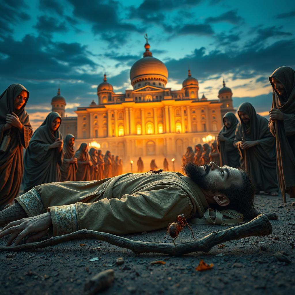 In a dramatic and poignant scene, Prophet Suleyman's lifeless body lies on the ground as his staff shatters beside him, sending shockwaves through the Jinn around him