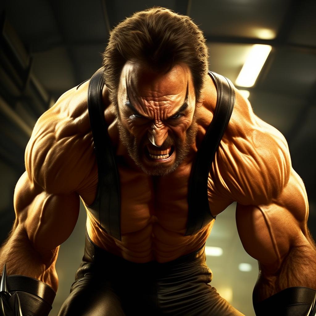 Adjust image to show Wolverine as portrayed by actor Hugh Jackman in the X-Men films: muscular, with sharp facial features, and with his signature gleaming metal claws extended in fierce display.