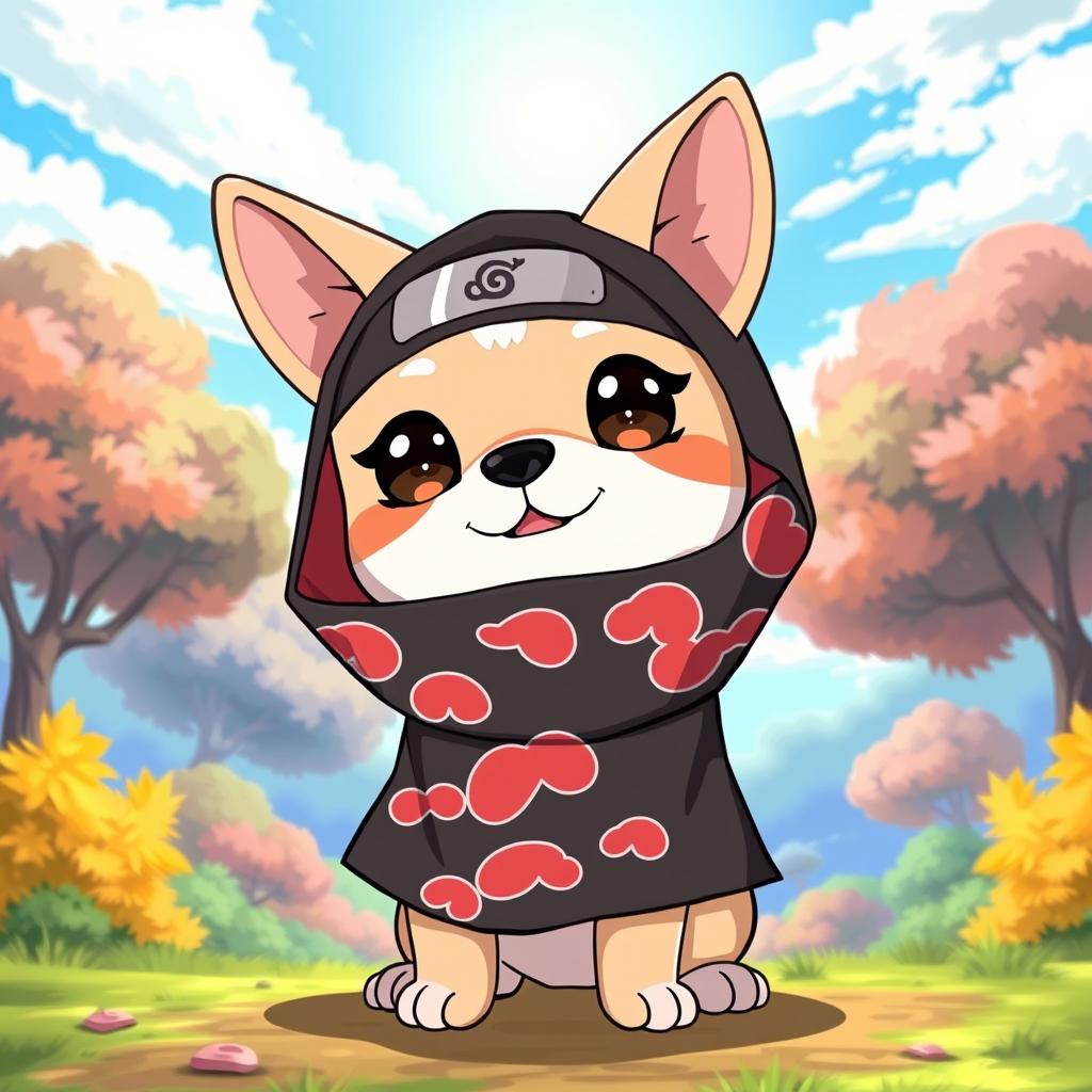 A cute and whimsical illustration of a cartoon-style dog wearing a cone collar styled like the Akatsuki cloak from Naruto