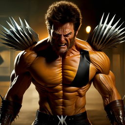 Adjust image to show Wolverine as portrayed by actor Hugh Jackman in the X-Men films: muscular, with sharp facial features, and with his signature gleaming metal claws extended in fierce display.