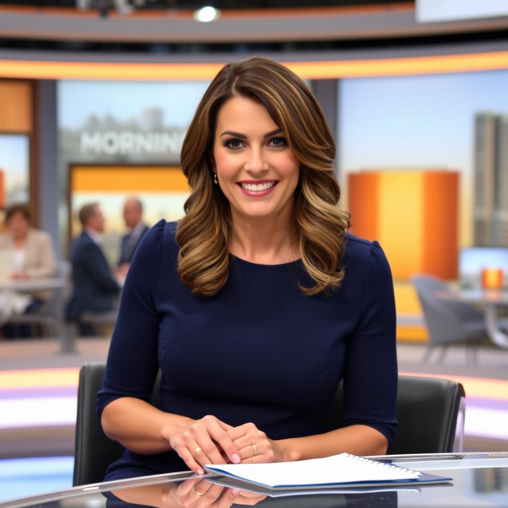 A professional portrait of Susanna Reid, the renowned British television presenter, sitting at a sleek, modern news desk