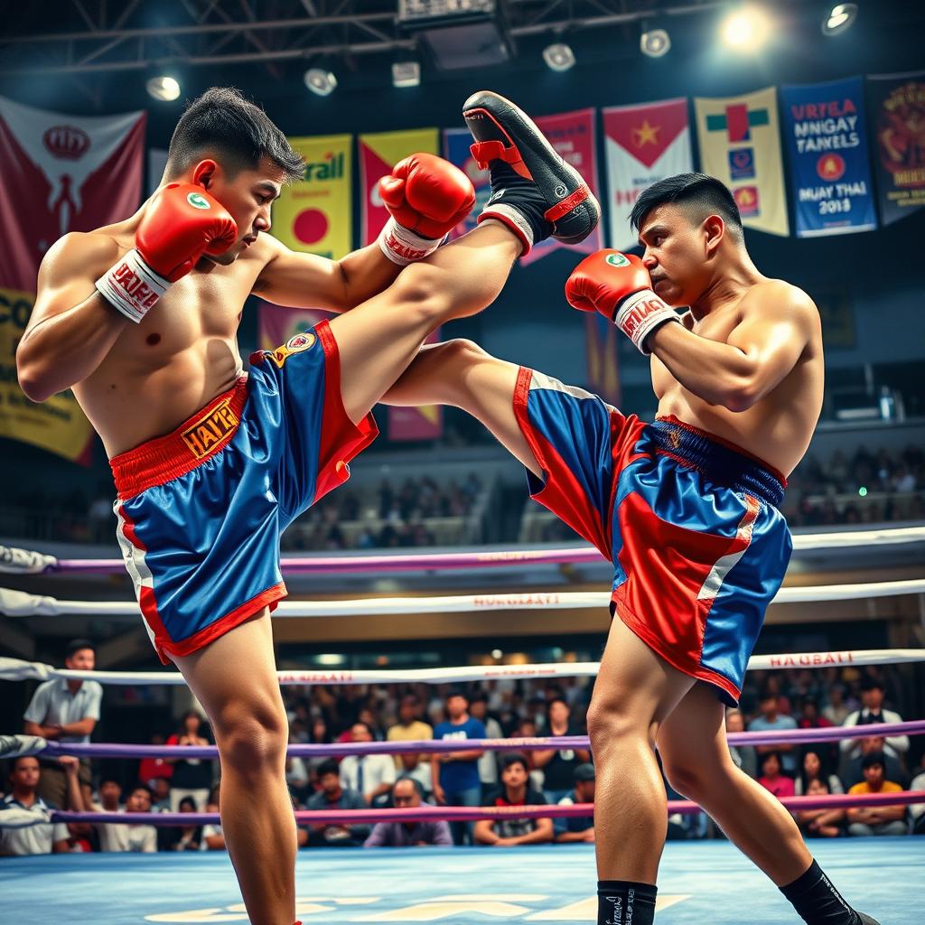 A dynamic scene depicting professional Muay Thai fighters engaged in an intense match inside a traditional Muay Thai ring
