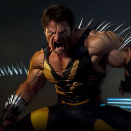 Adjust image to show Wolverine as portrayed by actor Hugh Jackman in the X-Men films: muscular, with sharp facial features, and with his signature gleaming metal claws extended in fierce display.