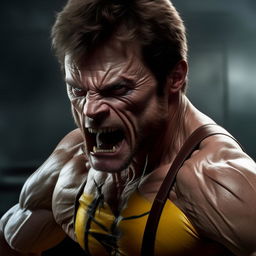 Adjust image to show Wolverine as portrayed by actor Hugh Jackman in the X-Men films: muscular, with sharp facial features, and with his signature gleaming metal claws extended in fierce display.