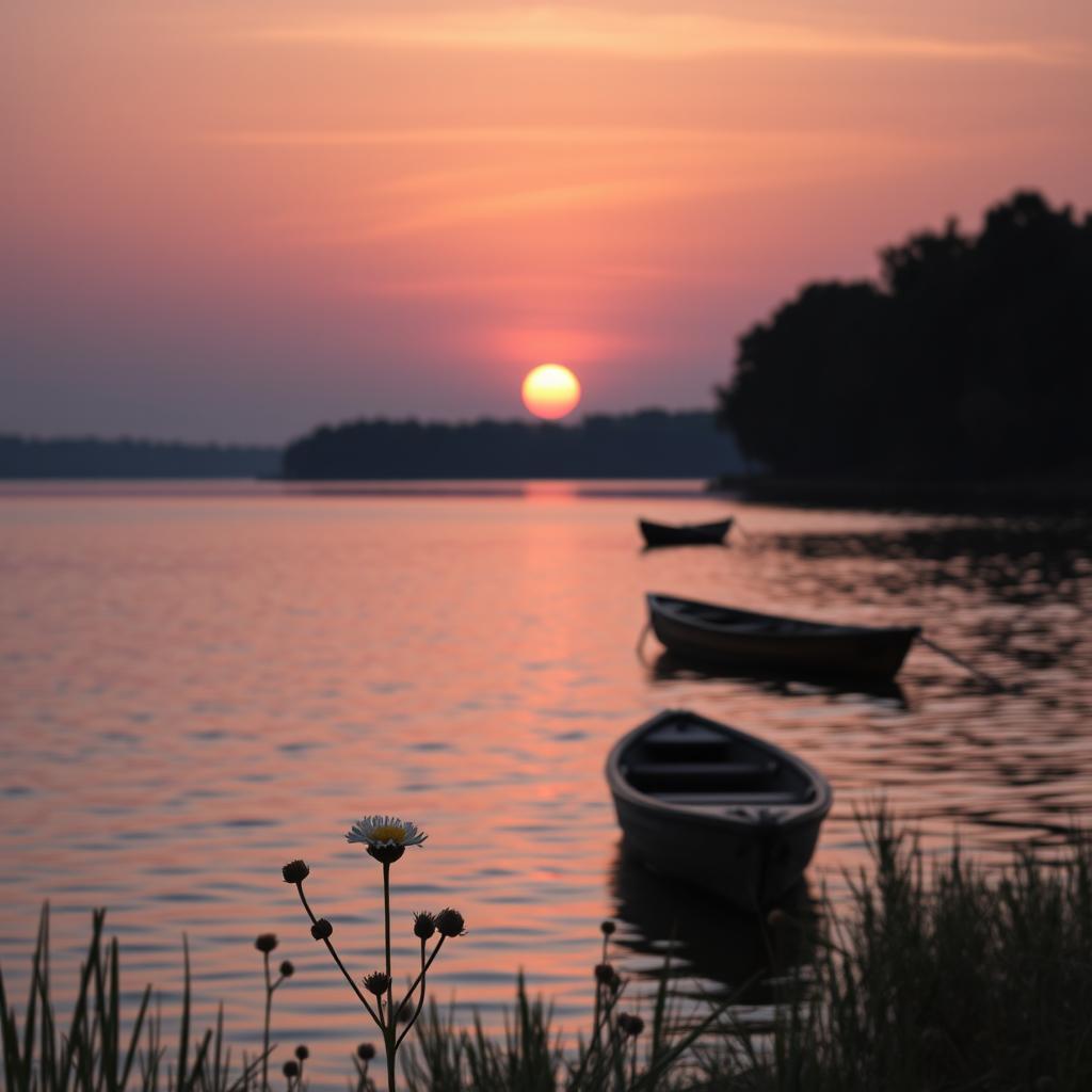 A serene and picturesque evening scene, showcasing a beautiful sunset over a tranquil lake