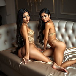 Nineteen-year-old tan Arabic Latina model twin sisters, both petite with dark long brunette hair, very skinny with small busts and small buttocks