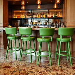A stylish restaurant bar featuring six bar stools in vibrant avocado green color
