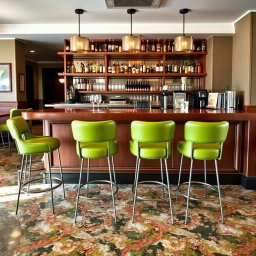 A stylish restaurant bar featuring six bar stools in vibrant avocado green color