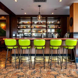 A stylish restaurant bar featuring six bar stools in vibrant avocado green color