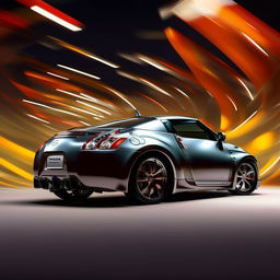 Depict a Nissan 350Z sports car in a dynamic attention-grabbing scene, viewed from a side perspective.