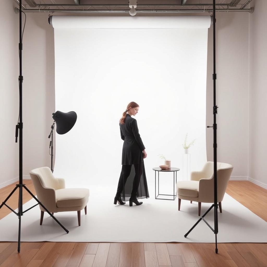 A beautifully designed studio space featuring a plain white background, enhancing the focus on the subject in the foreground