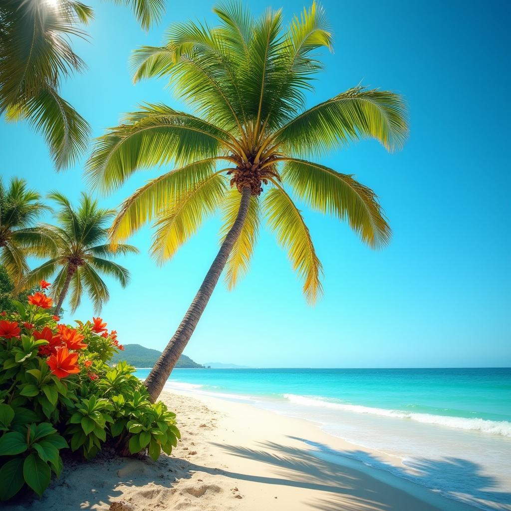 A stunning scene featuring a tall, vibrant palm tree swaying gently in the breeze against a clear blue sky