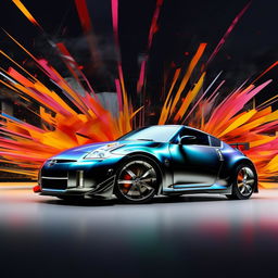 Depict a Nissan 350Z sports car in a dynamic attention-grabbing scene, viewed from a side perspective.