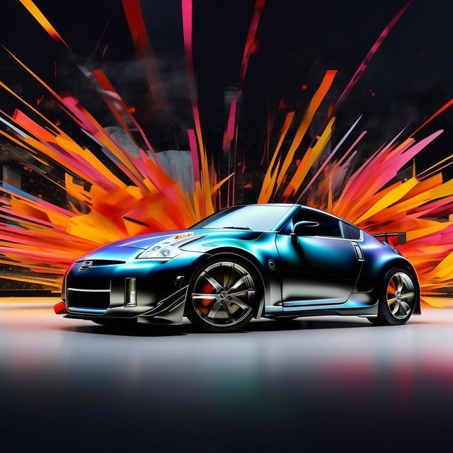 Depict a Nissan 350Z sports car in a dynamic attention-grabbing scene, viewed from a side perspective.