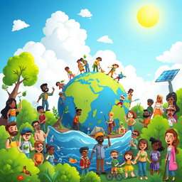 A vibrant and colorful cartoon editorial depicting humanity working together to help the Earth