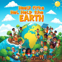 A vibrant and colorful cartoon editorial depicting humanity working together to help the Earth