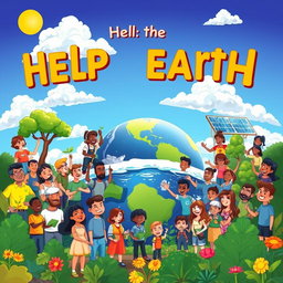 A vibrant and colorful cartoon editorial depicting humanity working together to help the Earth