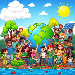 A vibrant and colorful cartoon editorial depicting humanity working together to help the Earth