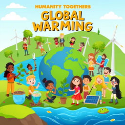 A vibrant cartoon editorial depicting humanity working together to combat global warming