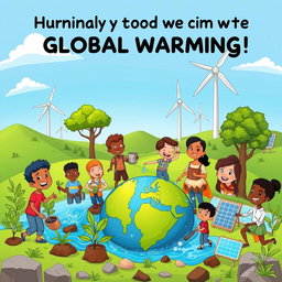 A vibrant cartoon editorial depicting humanity working together to combat global warming
