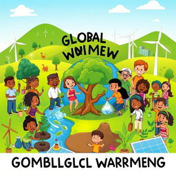 A vibrant cartoon editorial depicting humanity working together to combat global warming