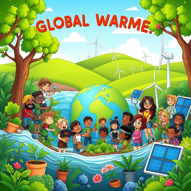 A vibrant cartoon editorial depicting humanity working together to combat global warming