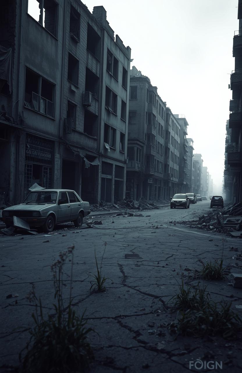 A desolate street in ruins, ravaged by war, featuring crumbling buildings and scattered debris