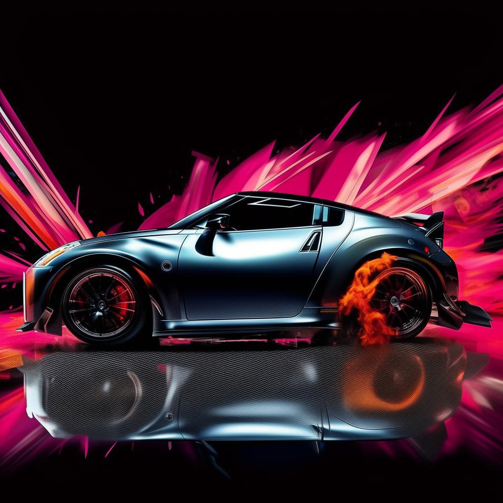 Depict a Nissan 350Z sports car in a dynamic attention-grabbing scene, viewed from a side perspective.