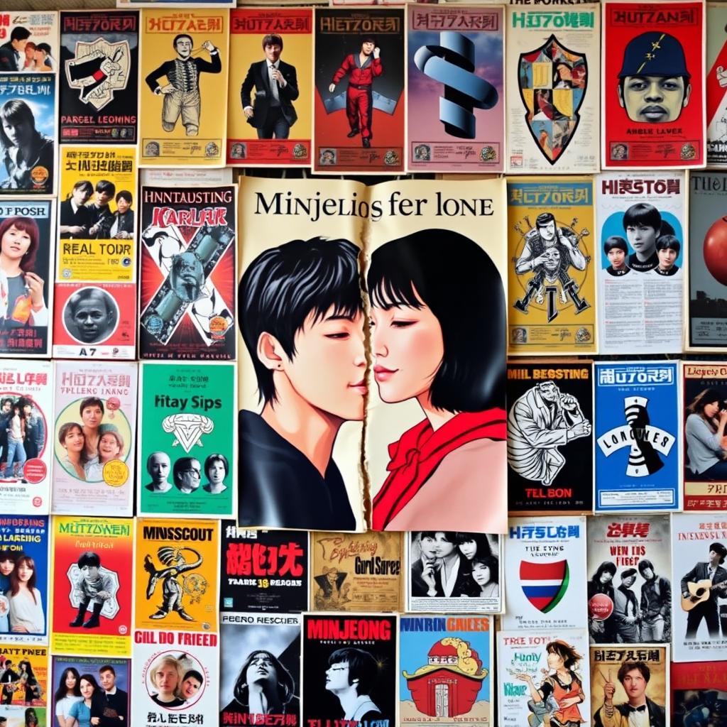 A vibrant mural covered with an eclectic mix of old posters showcasing Minjeong's band