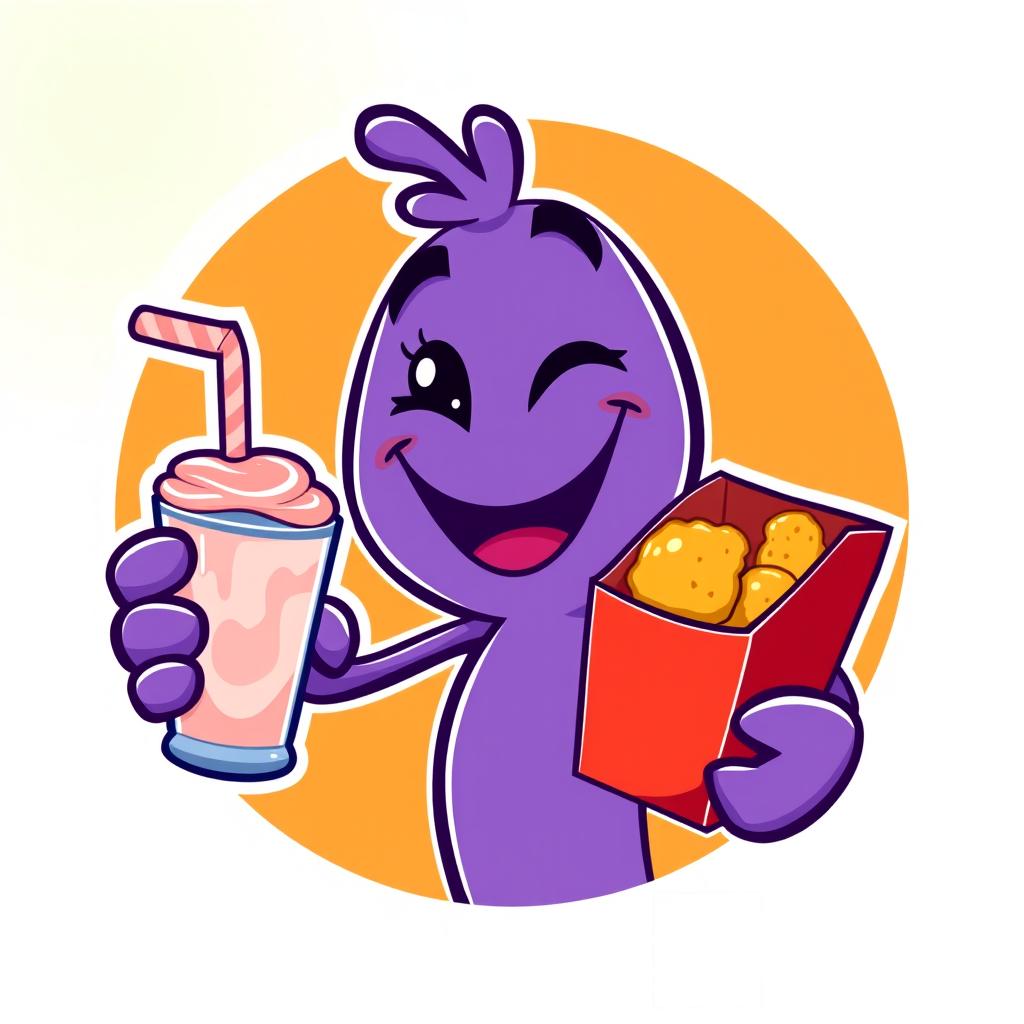 A logo featuring a cute, cartoon-style purple character with a big smile and a playful wink