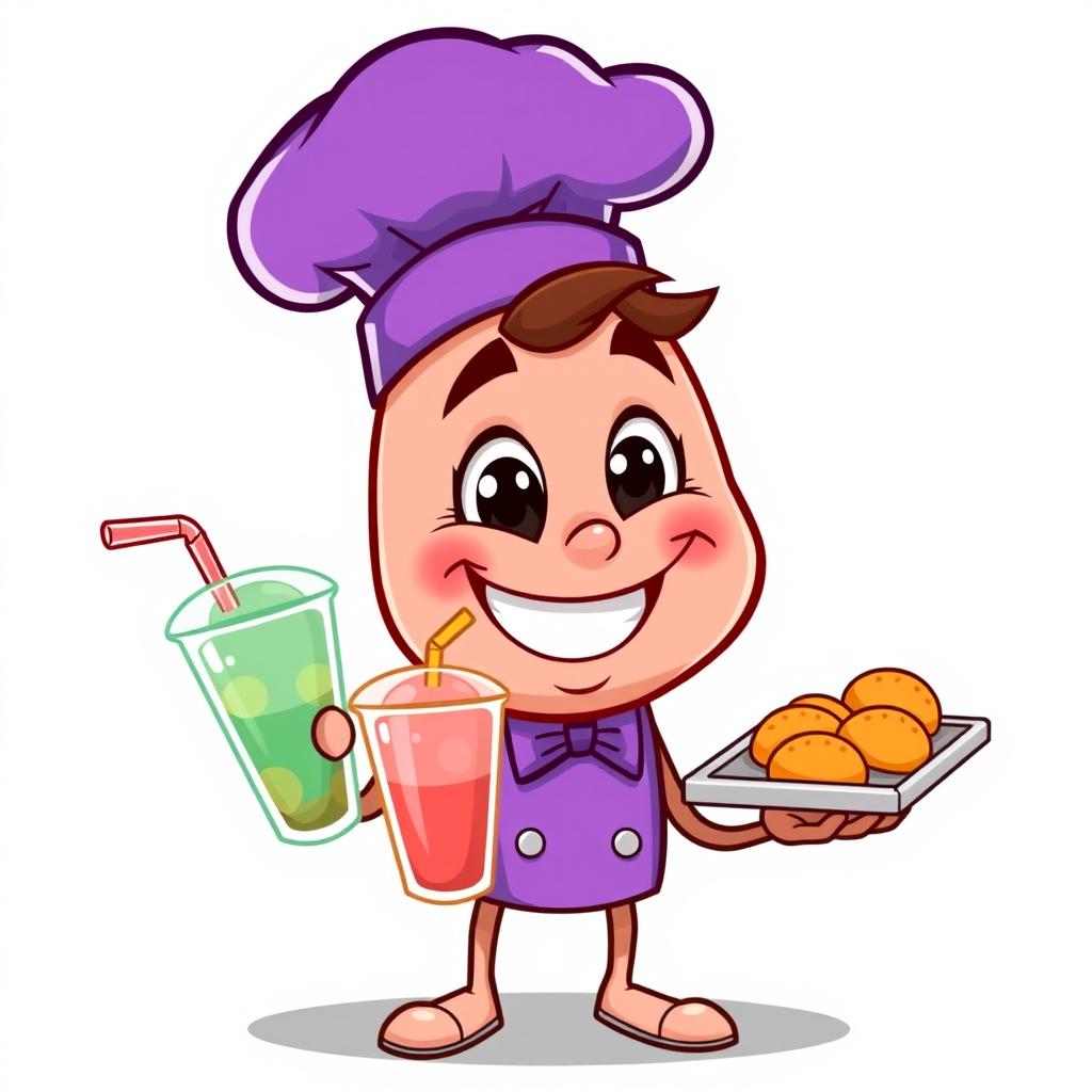 A playful and adorable cartoon character with a big smile and a cheeky wink, wearing a purple chef's hat